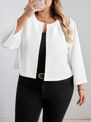 Chaqueta casual con mangas 3/4, plisada, con abertura frontal, de color sólido, para mujeres de tallas grandes