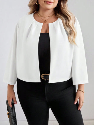 Chaqueta casual con mangas 3/4, plisada, con abertura frontal, de color sólido, para mujeres de tallas grandes