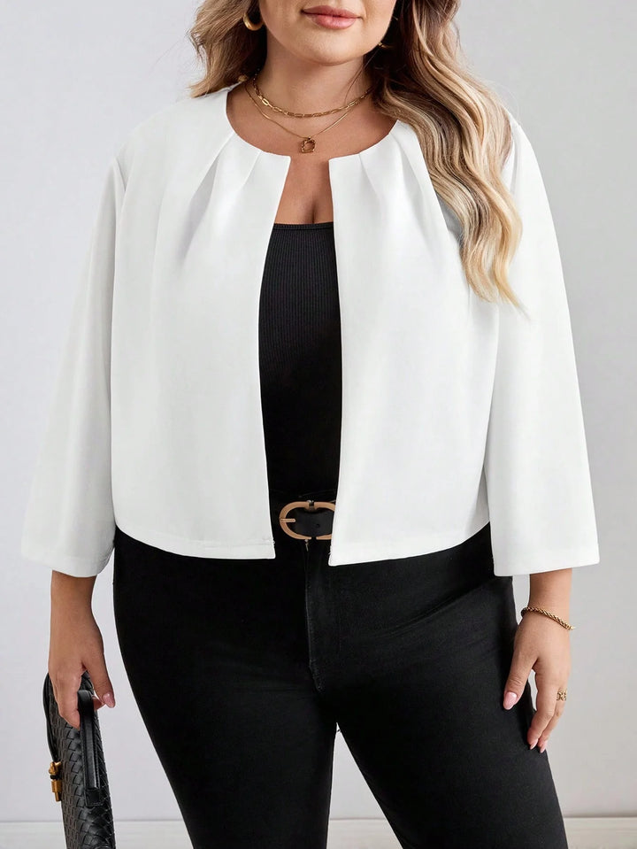 Chaqueta casual con mangas 3/4, plisada, con abertura frontal, de color sólido, para mujeres de tallas grandes