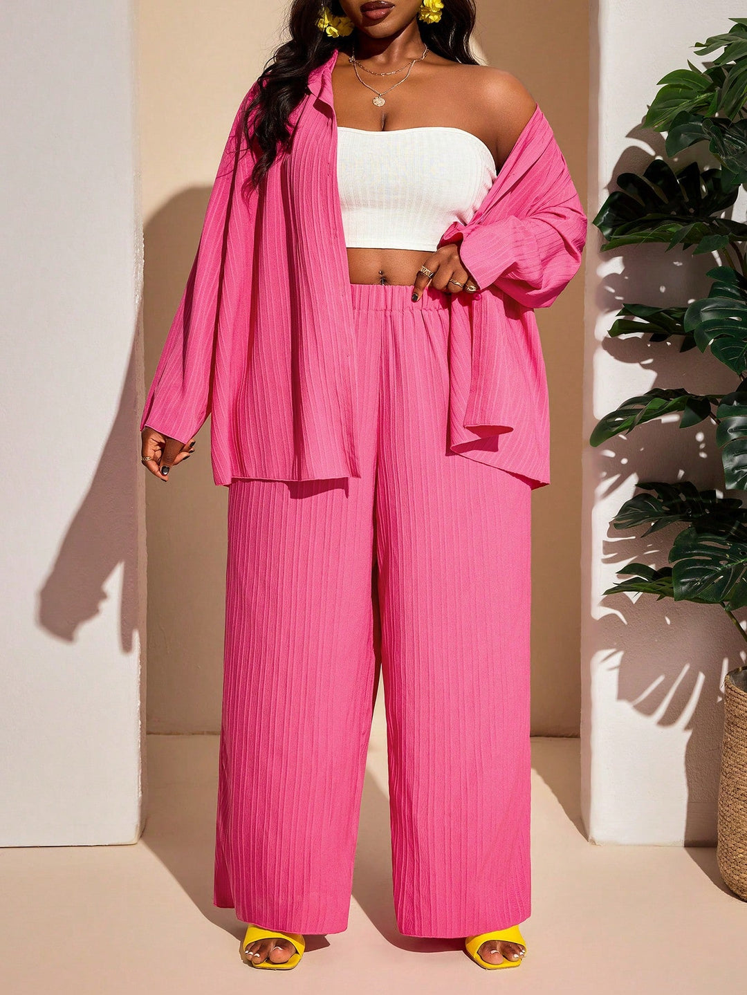 Conjunto de playa de verano, 2 piezas, fucsia intenso, adecuado para tallas grandes