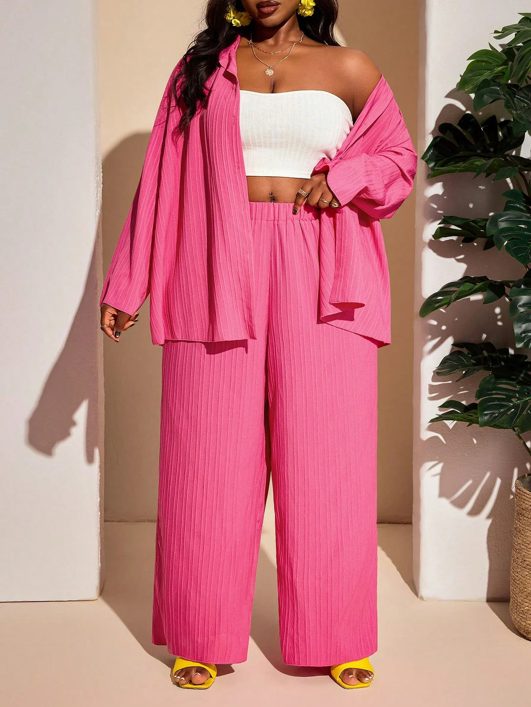 Conjunto de playa de verano, 2 piezas, fucsia intenso, adecuado para tallas grandes