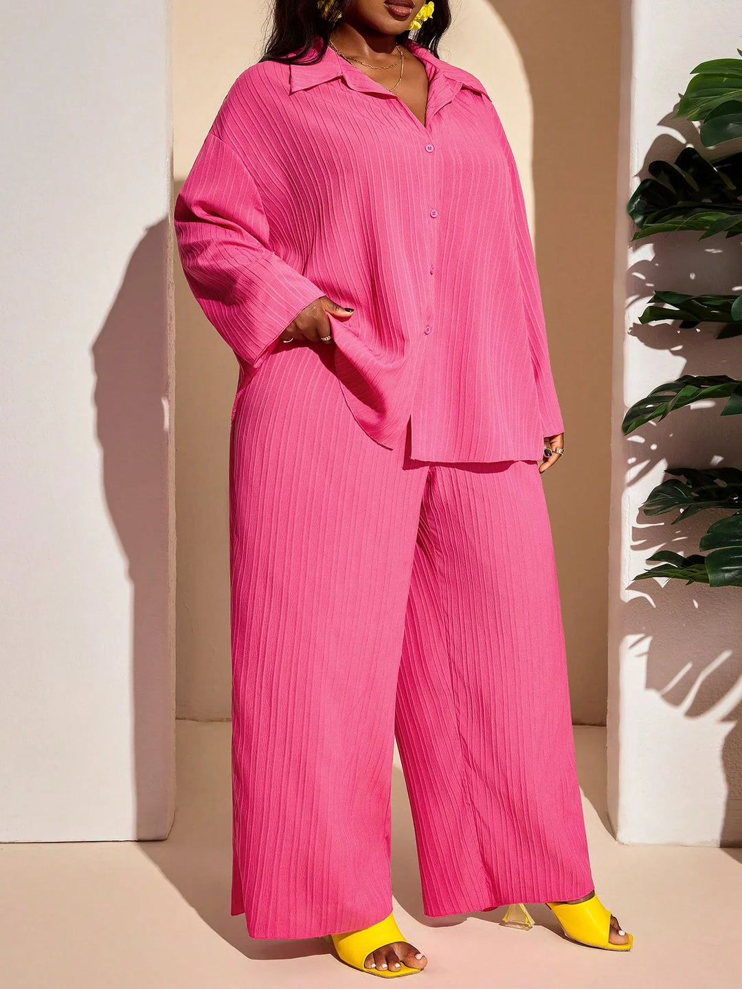 Conjunto de playa de verano, 2 piezas, fucsia intenso, adecuado para tallas grandes