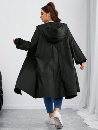 Abrigo largo de mujer tallas cómodas/curvy, negro con cintura fruncida, adecuado para la temporada de otoño/invierno