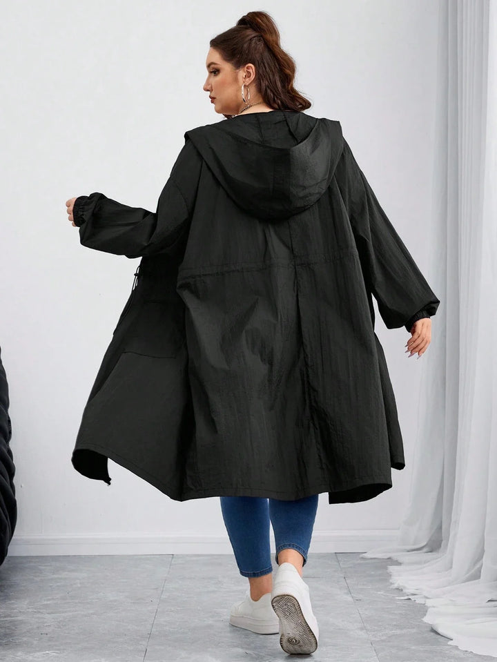 Abrigo largo de mujer tallas cómodas/curvy, negro con cintura fruncida, adecuado para la temporada de otoño/invierno