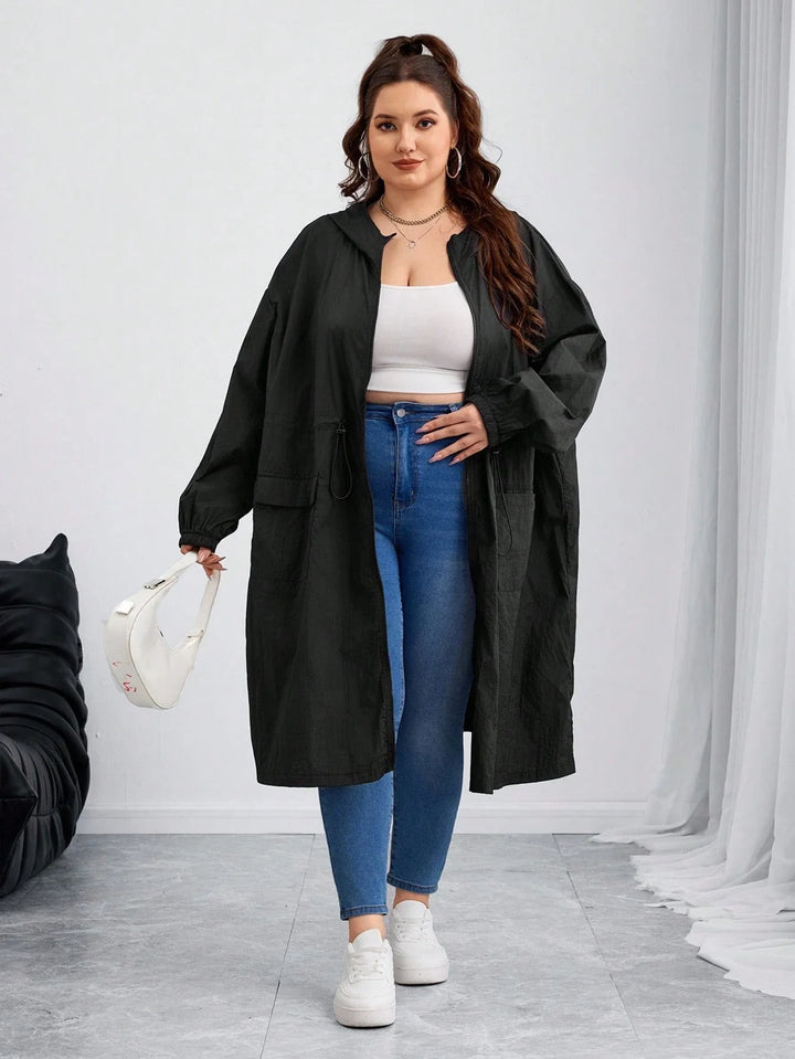Abrigo largo de mujer tallas cómodas/curvy, negro con cintura fruncida, adecuado para la temporada de otoño/invierno