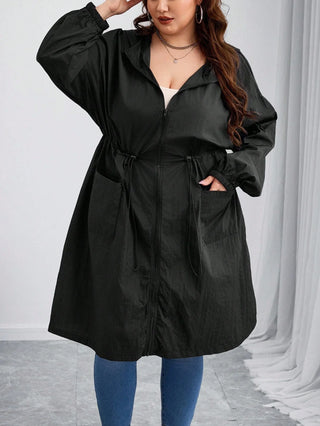 Abrigo largo de mujer tallas cómodas/curvy, negro con cintura fruncida, adecuado para la temporada de otoño/invierno