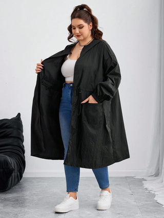 Abrigo largo de mujer tallas cómodas/curvy, negro con cintura fruncida, adecuado para la temporada de otoño/invierno