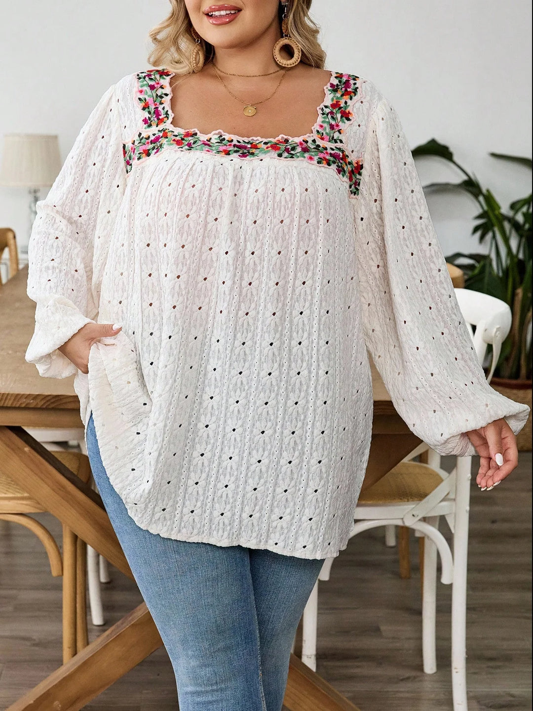 Camisa bohemia bordada con flores, tallas cómodas, para el otoño