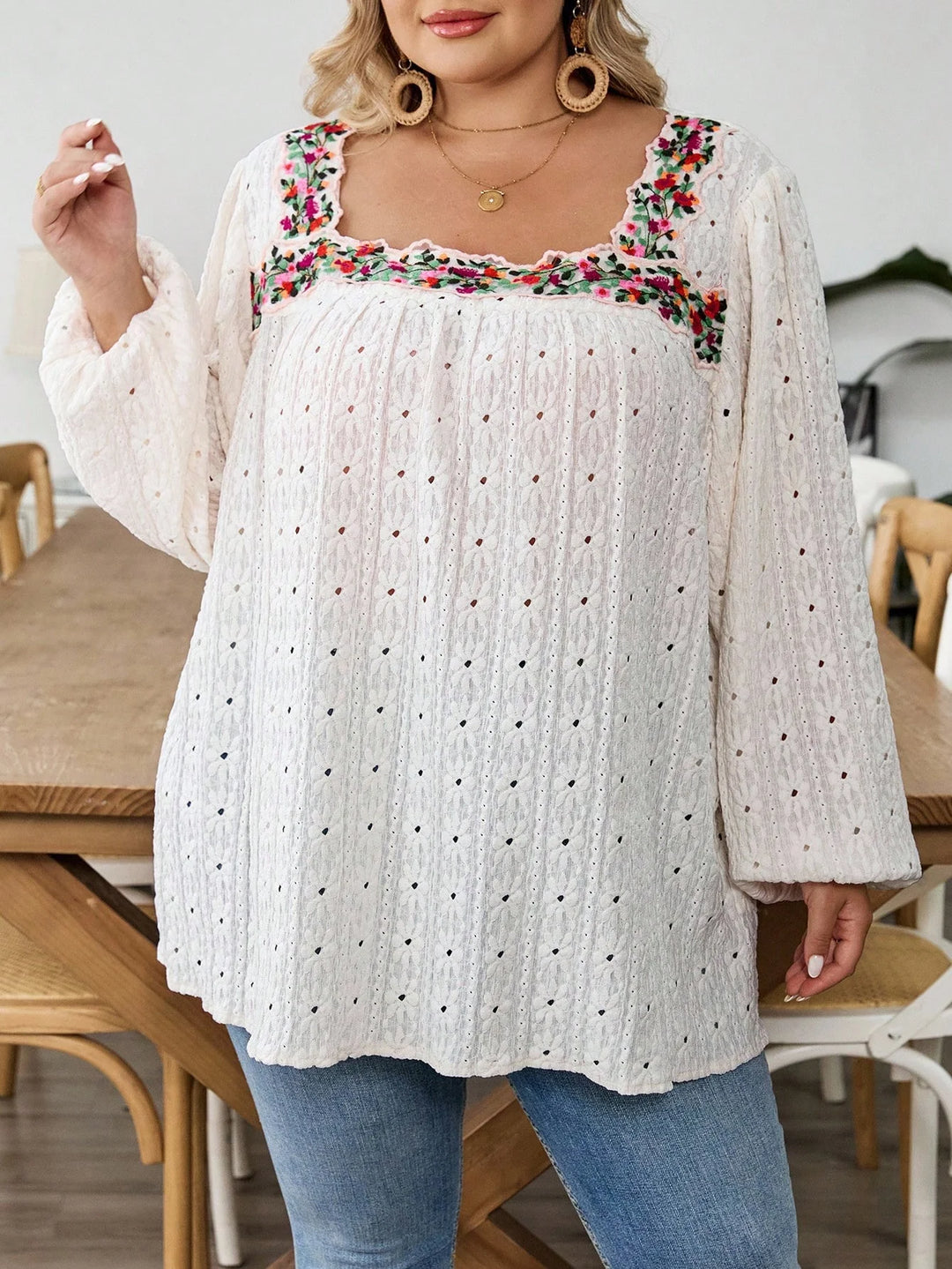 Camisa bohemia bordada con flores, tallas cómodas, para el otoño