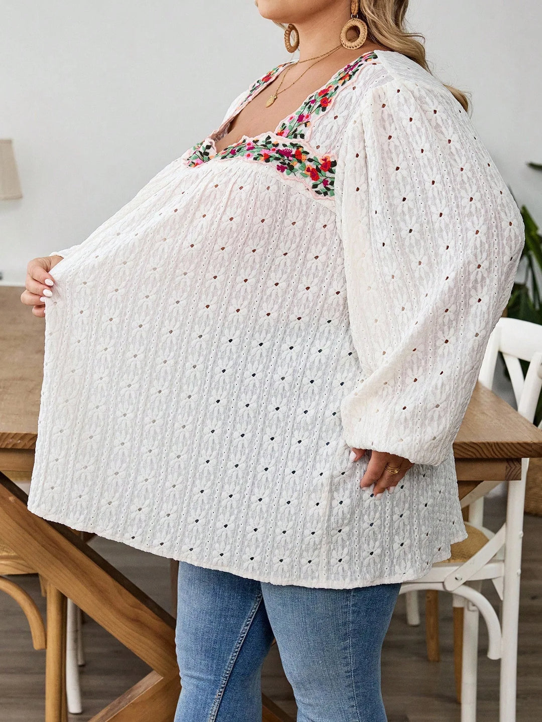 Camisa bohemia bordada con flores, tallas cómodas, para el otoño