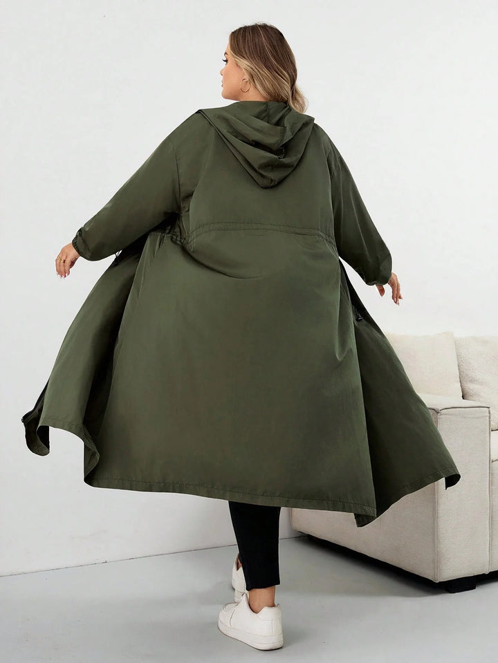 Abrigo impermeable con capucha y cordón, mangas largas, talla grande, chaqueta con capucha talla grande, CURVY PLUS