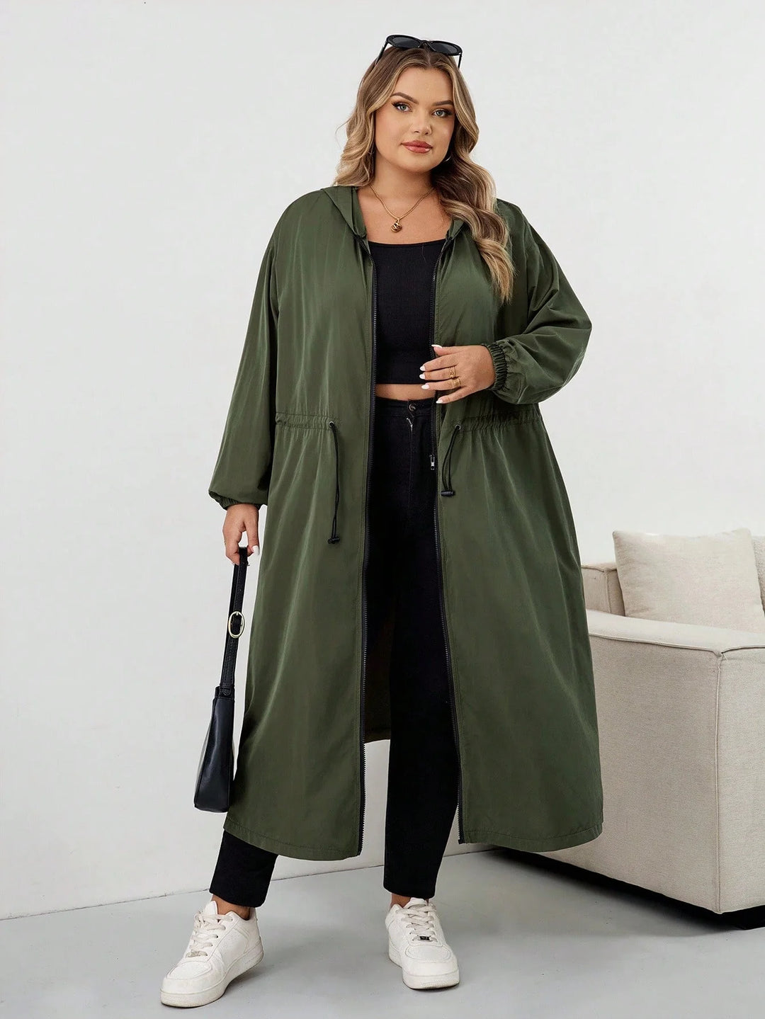 Abrigo impermeable con capucha y cordón, mangas largas, talla grande, chaqueta con capucha talla grande, CURVY PLUS