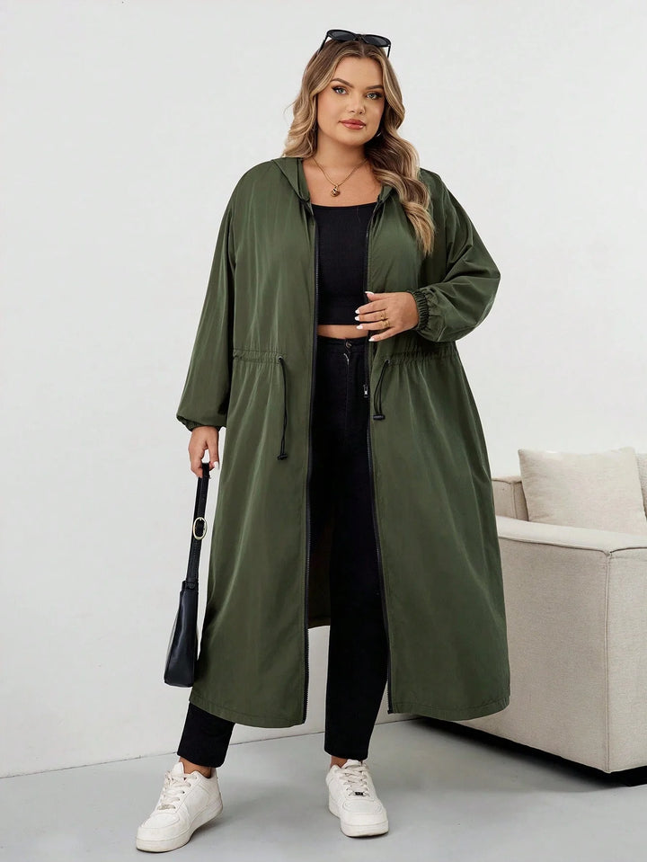 Abrigo impermeable con capucha y cordón, mangas largas, talla grande, chaqueta con capucha talla grande, CURVY PLUS