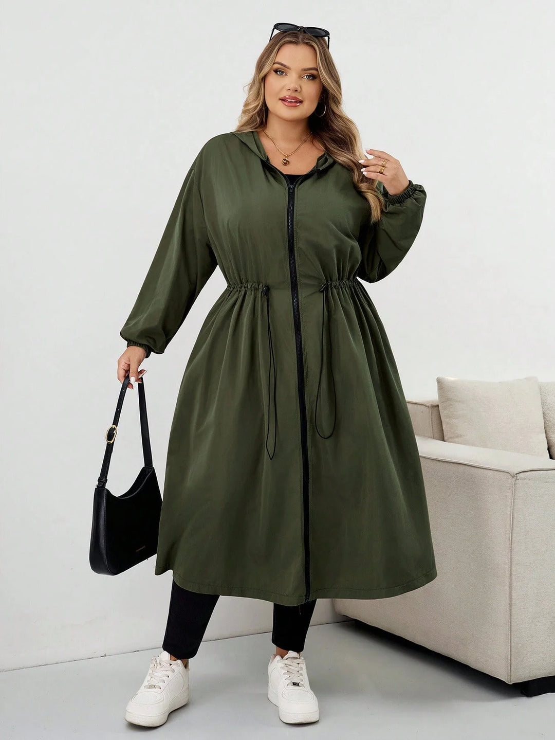 Abrigo impermeable con capucha y cordón, mangas largas, talla grande, chaqueta con capucha talla grande, CURVY PLUS