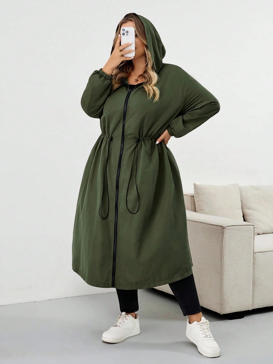 Abrigo impermeable con capucha y cordón, mangas largas, talla grande, chaqueta con capucha talla grande, CURVY PLUS