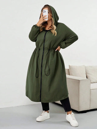 Abrigo impermeable con capucha y cordón, mangas largas, talla grande, chaqueta con capucha talla grande, CURVY PLUS