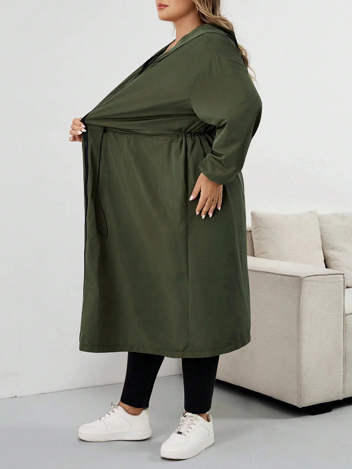 Abrigo impermeable con capucha y cordón, mangas largas, talla grande, chaqueta con capucha talla grande, CURVY PLUS