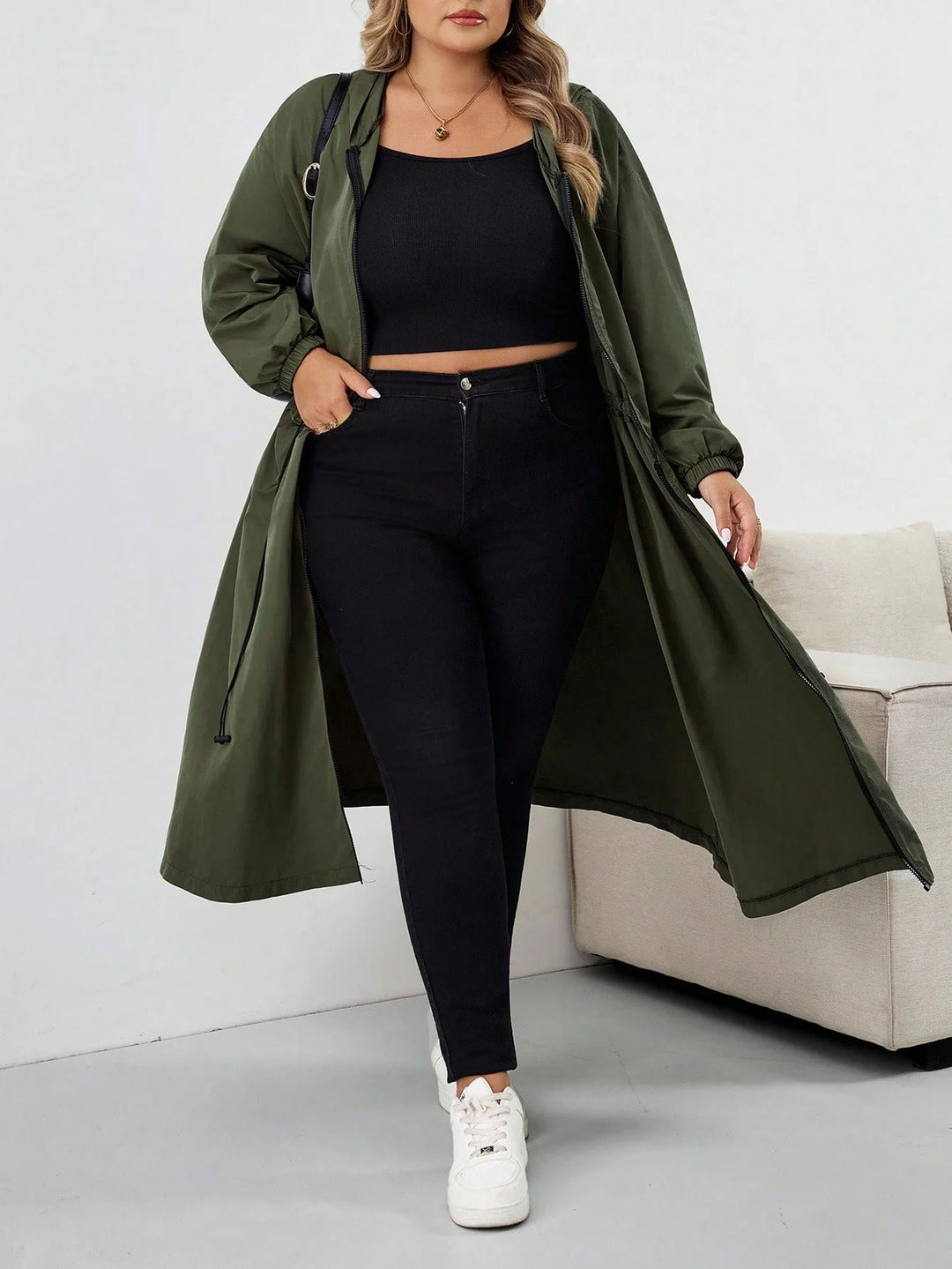 Abrigo impermeable con capucha y cordón, mangas largas, talla grande, chaqueta con capucha talla grande, CURVY PLUS