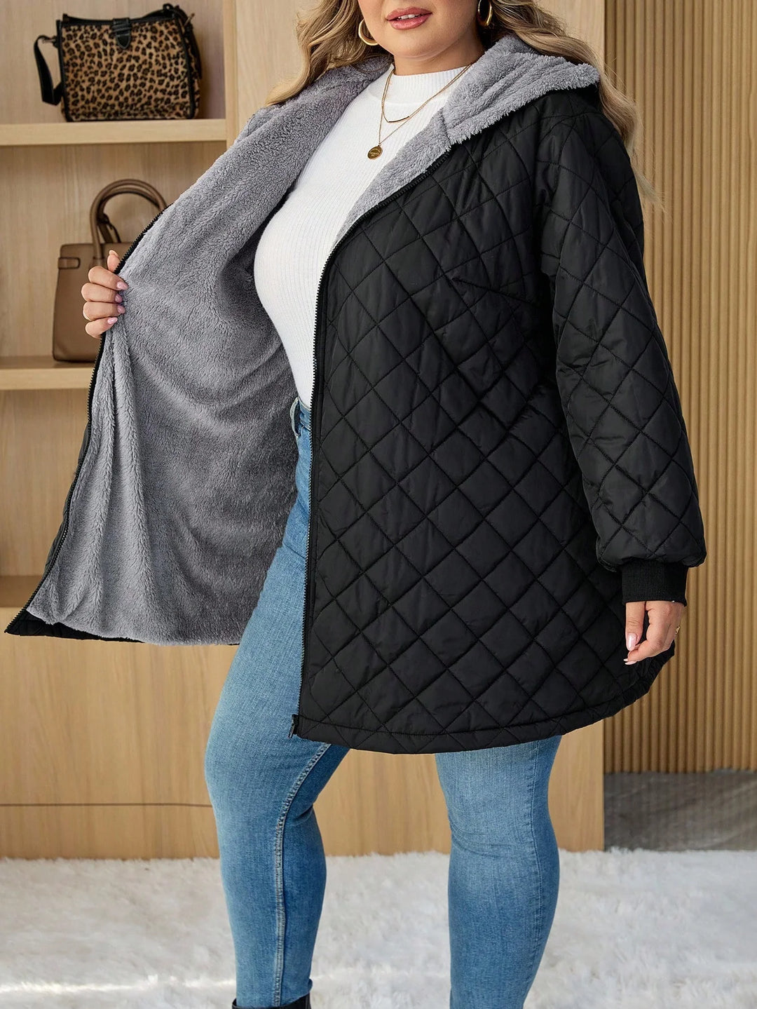 Abrigo acolchado con capucha de forro polar, talla curvy/plus size, para mujer, adecuado para otoño/invierno