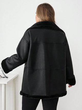 Chaqueta casual de ecopiel con cremallera frontal y bolsillos, talla oversize