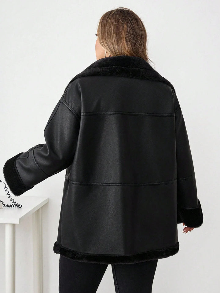 Chaqueta casual de ecopiel con cremallera frontal y bolsillos, talla oversize
