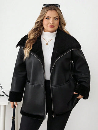 Chaqueta casual de ecopiel con cremallera frontal y bolsillos, talla oversize