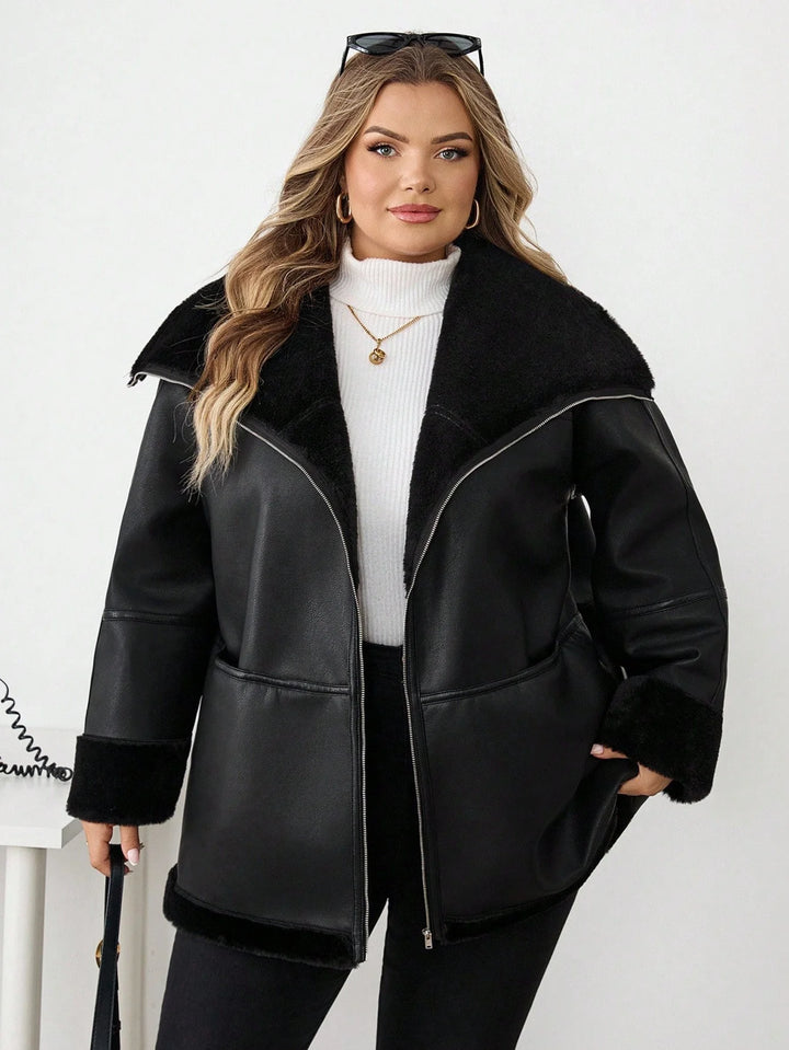 Chaqueta casual de ecopiel con cremallera frontal y bolsillos, talla oversize