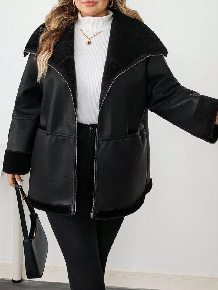 Chaqueta casual de ecopiel con cremallera frontal y bolsillos, talla oversize