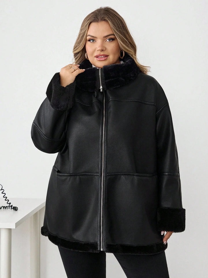 Chaqueta casual de ecopiel con cremallera frontal y bolsillos, talla oversize