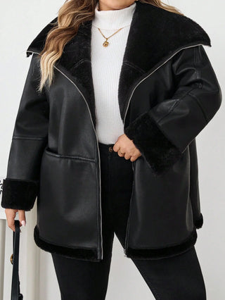 Chaqueta casual de ecopiel con cremallera frontal y bolsillos, talla oversize