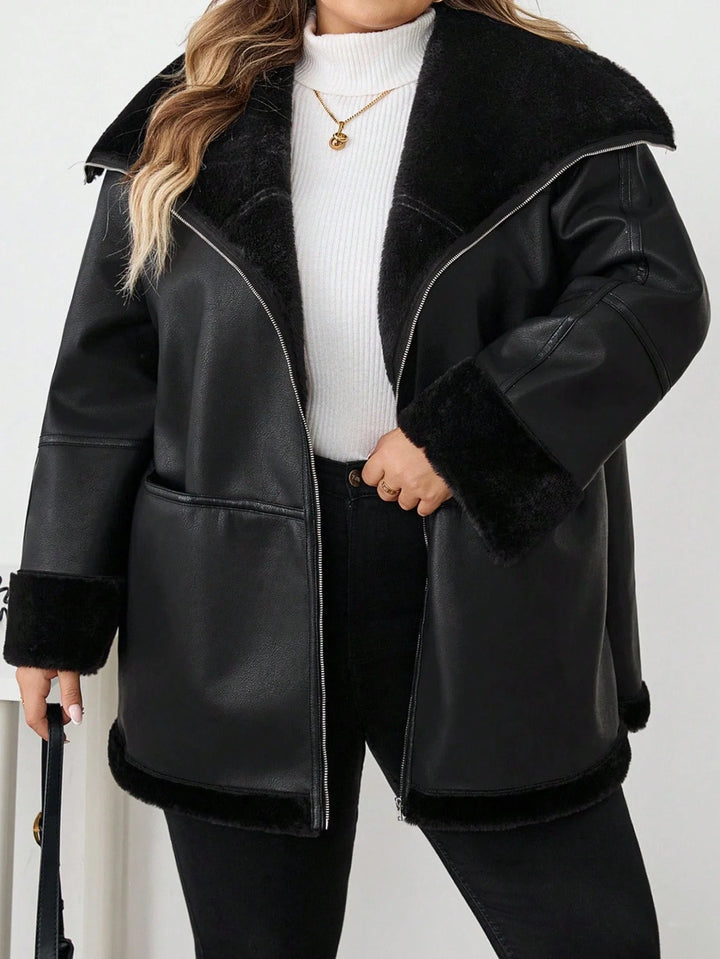 Chaqueta casual de ecopiel con cremallera frontal y bolsillos, talla oversize