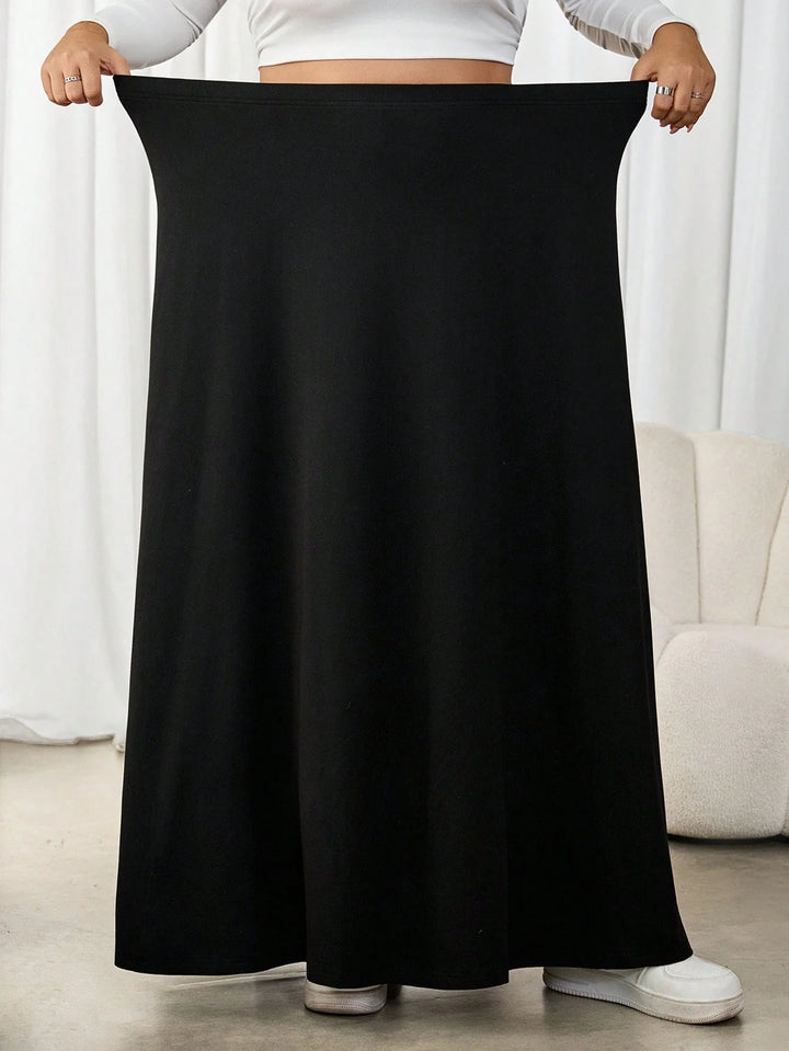 Vestido casual de media longitud a cintura alta para mujeres de tallas grandes, color negro
