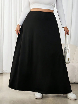 Vestido casual de media longitud a cintura alta para mujeres de tallas grandes, color negro