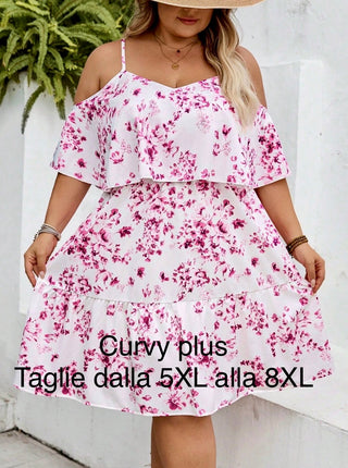 Vestido de vacaciones con estampado floral, sin tirantes, de manga corta, para tallas grandes, adecuado para vacaciones en la playa/campo, atuendo de playa