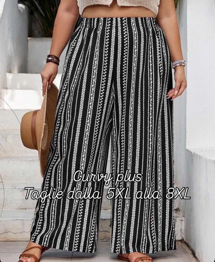 Pantalones largos casuales, con cintura elástica, a rayas, para mujeres de tallas grandes