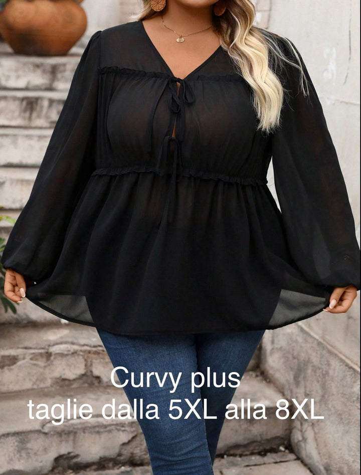 Camisas de manga larga en chiffon color vino y negro, elegantes y acampanadas, estilo casual