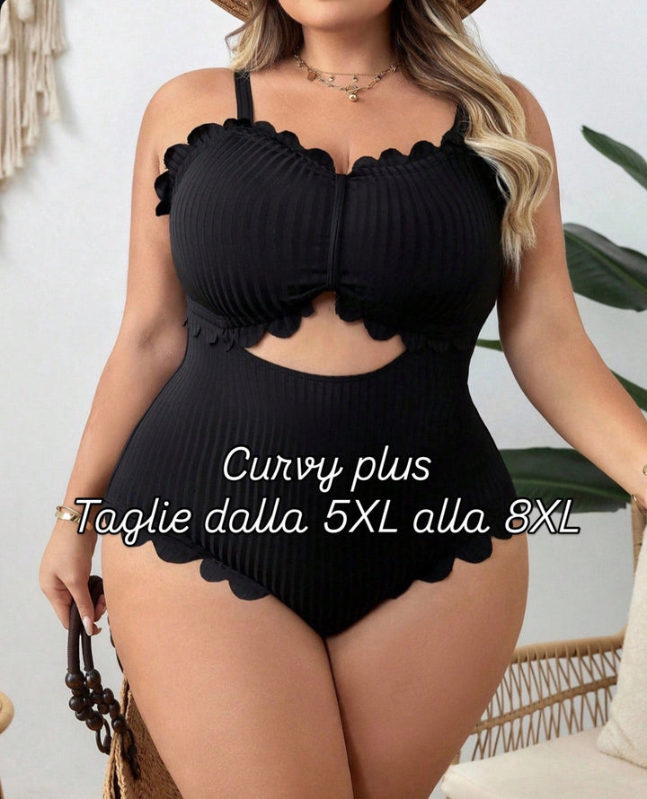 Traje de baño entero para mujer tallas grandes negro liso con volantes