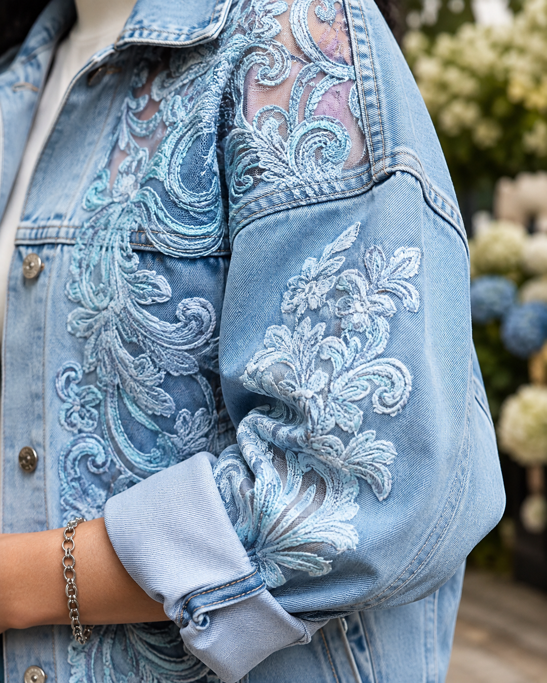 🔥 Chaqueta de mezclilla para mujer de corte holgado con estampado de flores y patchwork de encaje