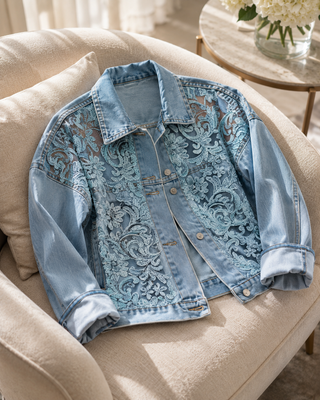 🔥 Chaqueta de mezclilla para mujer de corte holgado con estampado de flores y patchwork de encaje