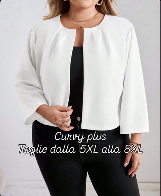 Chaqueta casual con mangas 3/4, plisada, con abertura frontal, de color sólido, para mujeres de tallas grandes
