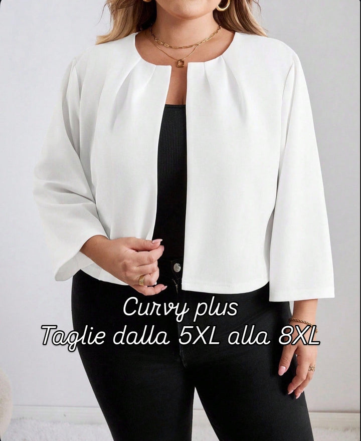 Chaqueta casual con mangas 3/4, plisada, con abertura frontal, de color sólido, para mujeres de tallas grandes