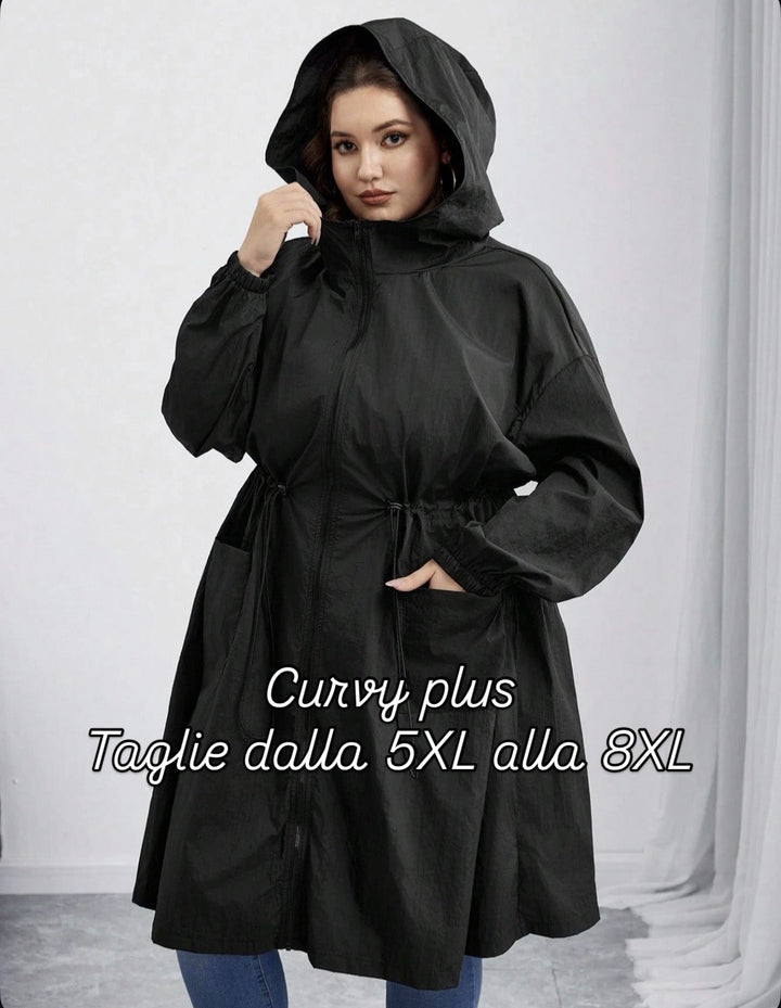 Abrigo largo de mujer tallas cómodas/curvy, negro con cintura fruncida, adecuado para la temporada de otoño/invierno