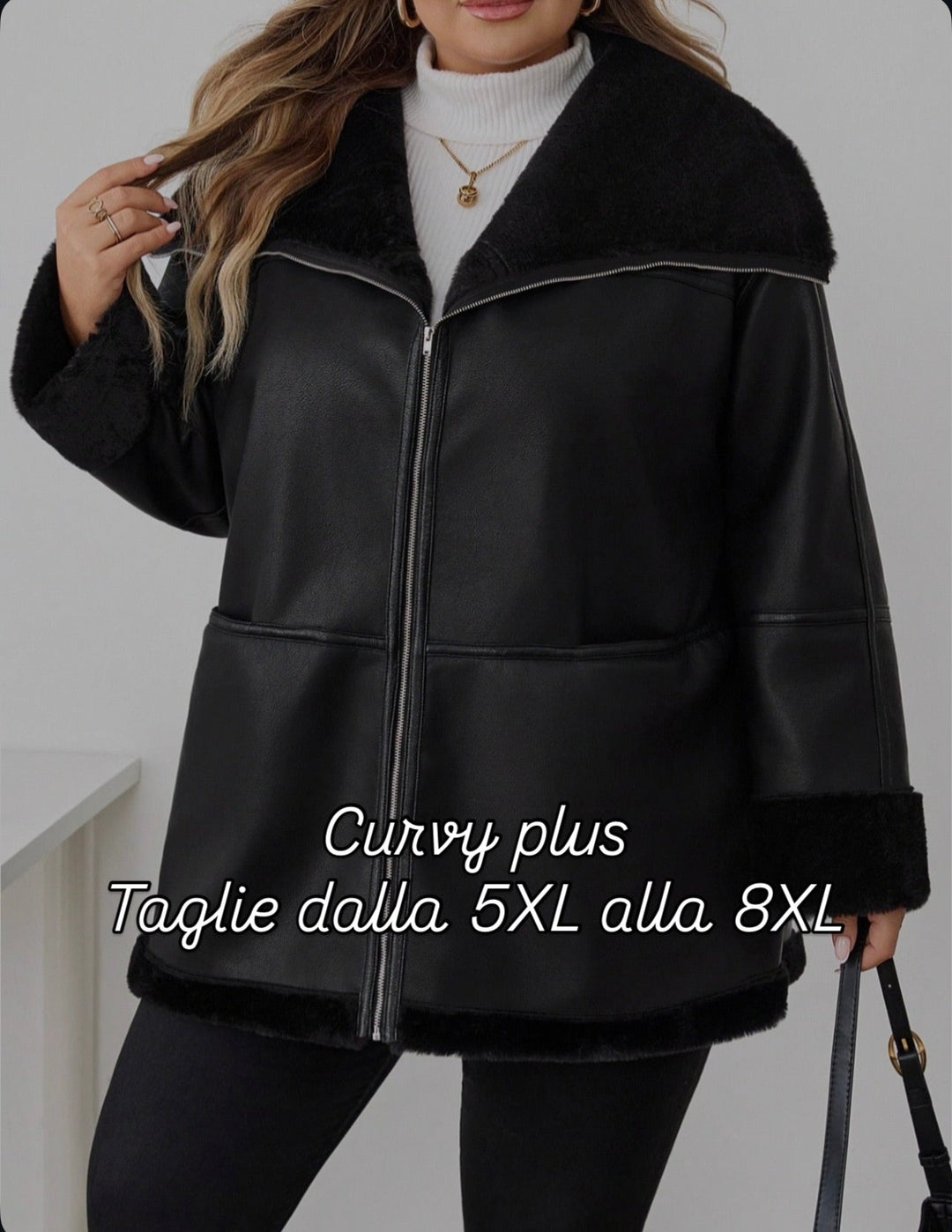 Chaqueta casual de ecopiel con cremallera frontal y bolsillos, talla oversize