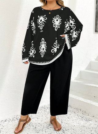 2 Piezas/Conjunto Tallas grandes, Con Top impreso de manga larga y cuello redondo y Pantalones largos, Estilo Boho para Vacaciones