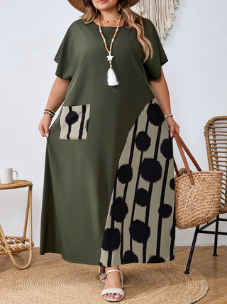 Vestido de mujer tallas grandes, a bloques de color, con estampado patchwork, adecuado para vacaciones y uso casual