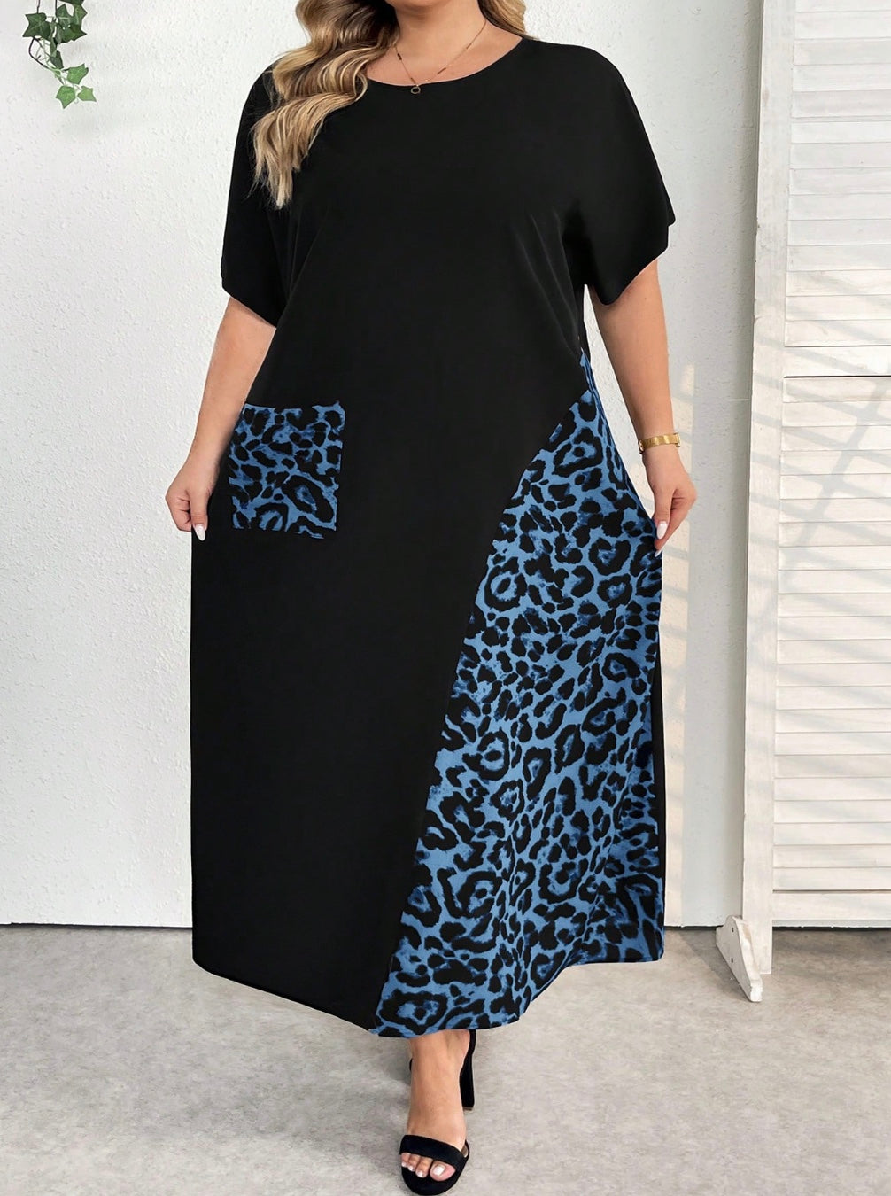 Vestido de mujer tallas grandes, a bloques de color, con estampado patchwork, adecuado para vacaciones y uso casual