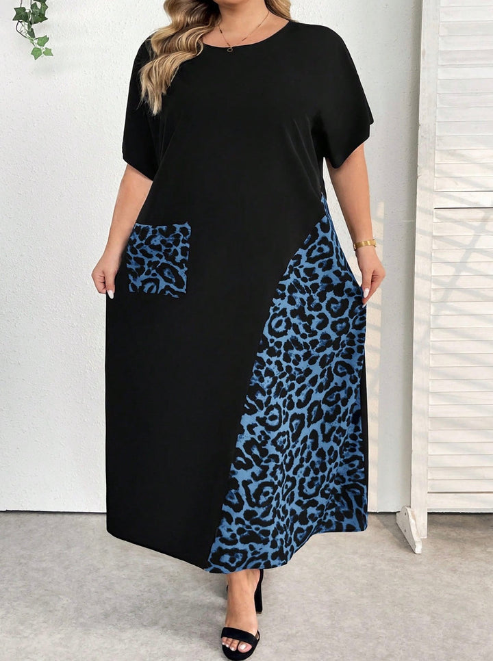Vestido de mujer tallas grandes, a bloques de color, con estampado patchwork, adecuado para vacaciones y uso casual