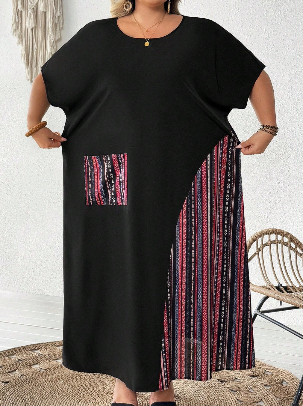 Vestido de mujer tallas grandes, a bloques de color, con estampado patchwork, adecuado para vacaciones y uso casual