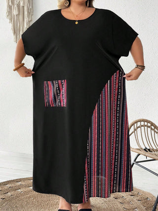 Vestido de mujer tallas grandes, a bloques de color, con estampado patchwork, adecuado para vacaciones y uso casual