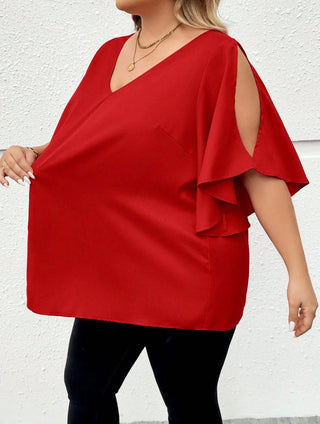 Camisa oversize con escote en V, mangas con volantes y abertura